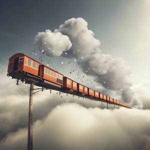 een snel bewegende sociale media trein die door de wolken vliegt aan een draadje 1