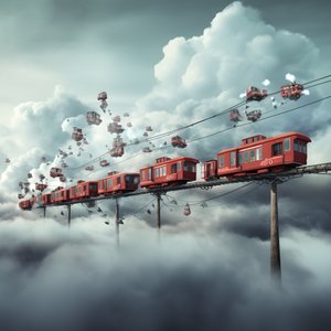 een snel bewegende sociale media trein die door de wolken vliegt aan een draadje 4