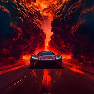 een luxe auto rijdt over een pad met gloeiend rood op de achtergrond 1