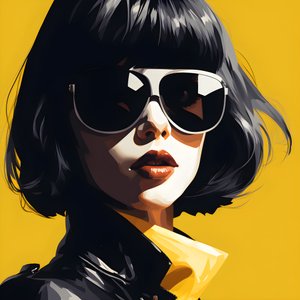 een illustratie van een meisje met gele zonnebril, haar in het gezicht en oren, in de stijl van film noir esthetiek 3