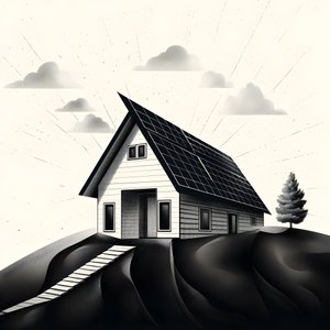 illustratie van een huis met zonnepanelen en een grote pijl erachter die naar rechts en omhoog wijst