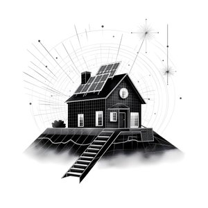 illustratie van een huis met zonnepanelen en een grote pijl erachter die naar rechts en omhoog wijst