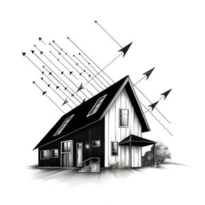 illustratie van een huis met zonnepanelen en een grote pijl erachter die naar rechts en omhoog wijst