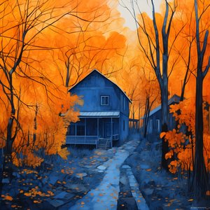 een blauw huis in een oranje bos
