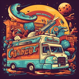 Een artistieke evenementposter voor foodtrucks in een skatepark in Noord-Californië