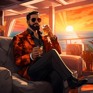 een rijke man, goed gekleed, zit op een privécruiseschip en drinkt een cocktail 3