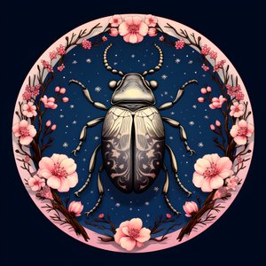 een illustratie van een geïllustreerde kever met paddenstoelen op de achtergrond 1