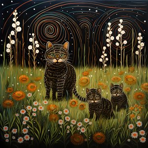 Een kat voedt haar kittens in het hoge groene gras voor het huis 1