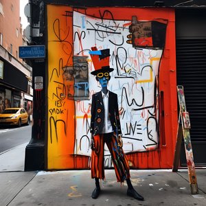 Een geschilderd figuur komt tot leven terwijl het door een straat in New York loopt, surrealistische foto