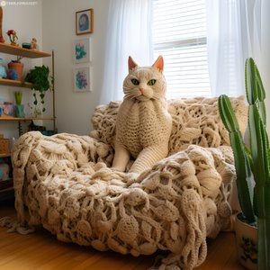 een gigantische gehaakte kat in een realistische woonkamer