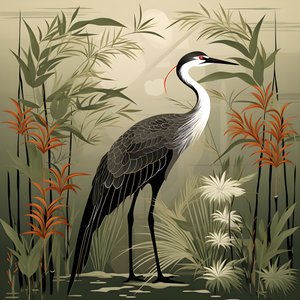 Een mooie Japanse illustratie van een kraanvogel en bamboe 3
