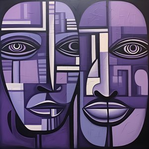 Paarse en grijze geometrische schilderij met paars oog 3