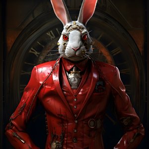 Mannelijke antropomorfe cybernetische klokkenpunk-androidhaas, in rode rokjas 2
