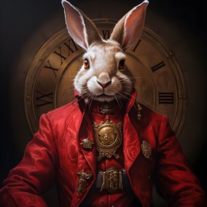 Mannelijke antropomorfe cybernetische klokkenpunk-androidhaas, in rode rokjas 3