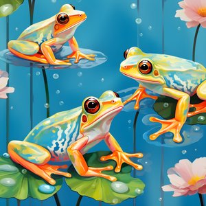 Naadloos patroon van een schilderij van mooie oranje en gele cartoonkikkers zittend op de leliebladeren op het water regen uit aquarel 2