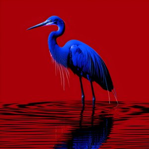 synthwave digitale kunst van een exotische kobaltblauwe reiger op rood papier 2
