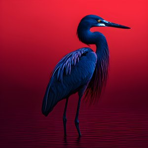 synthwave digitaal kunstwerk van een exotische kobaltblauwe reiger op rood papier 3 door Kurt Heppke
