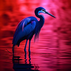 synthwave digitaal kunstwerk van een exotische kobaltblauwe reiger op rood papier 4