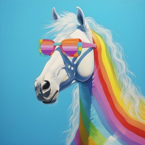 wit paard met regenboogbril op blauwe achtergrond 2