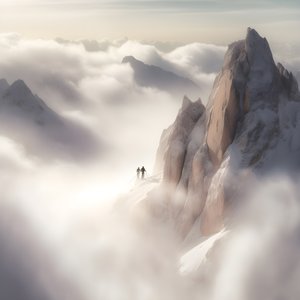 twee mensen aan het skiën boven een met wolken bedekte berg 2