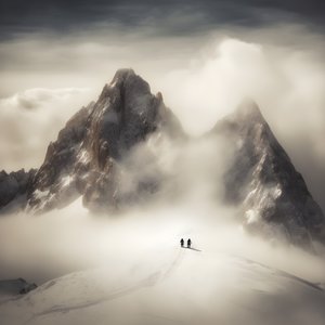 twee mensen aan het skiën boven een bewolkte berg 2