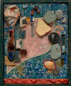 Klein Merzbeeld met vele delen door Kurt Schwitters