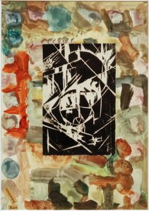 Zonder titel (collage met houtsnede op abstracte schildering) door Kurt Schwitters