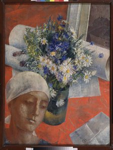 Bloemen en vrouwenhoofd door Kuzma Sergeevich Petrov Vodkin