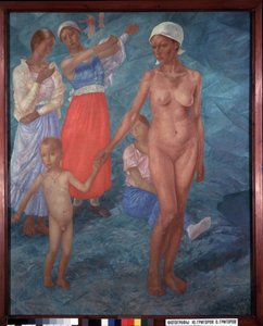 Ochtend. Zwemmers. (Vrouwen kleden zich aan achter een moeder en haar naakte kind). door Kuzma Sergeevich Petrov Vodkin