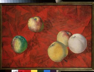 Appels op een rode achtergrond door Kuzma Sergeevich Petrov Vodkin