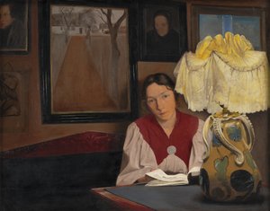 De vrouw van de kunstenaar bij lamplicht
