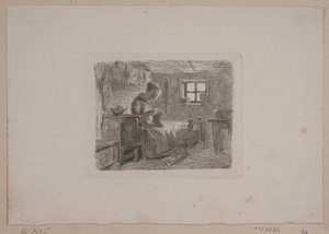 Boerenhuis met een breiende vrouw