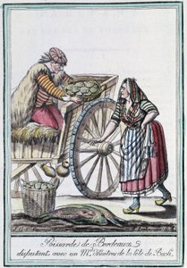 Visvrouw van Bordeaux die ruzie maakt met een oestermakelaar van de kop van Buch - in "Encyclopedie van Reizen" door J. Grasset St Sauveur, Deron, Parijs