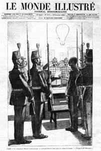 De commandant las, aan kapitein Alfred Dreyfus, het arrest van de krijgsraad, Parijs. Schets van de heer de Moulignie. In "Le Monde Illustré" Weekblad nr. 1970 van 29 december 1894. door L. Moulignie