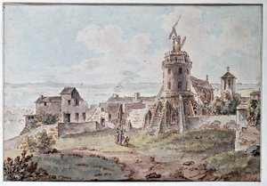 Een Chappe telegraaf bovenop een toren, door Goblain, eind 18e eeuw door L. Goblain
