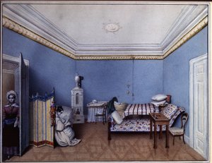 In de slaapkamer (Aquarel van L. Hern, 1835) door L. Hern