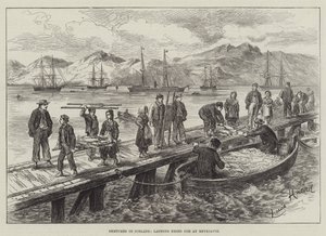 Schetsen in IJsland, het lossen van gedroogde kabeljauw in Reykjavik door L. Huard