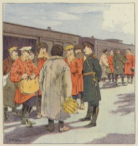 Stop van een trein met reservisten in Mantsjoerije door L. Malespine
