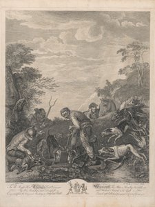 Een set van zeven, ongetiteld, elk opgedragen: Aan de Eerwaarde Thomas Lord Viscount Weymouth...van het Originele Schilderij in Long Leat Hall. [Drie mannen die een vossenhol uitgraven, gretig bekeken door honden...]