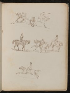 Zes studies van paarden met verschillende mannelijke ruiters in verschillende houdingen, een met opgeheven pistool (pen en inkt) door Lady  Butler