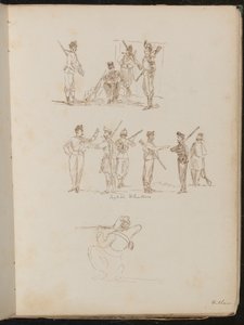 Studies van groepen soldaten met wapens in rust, met opschrift 