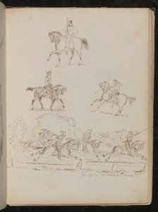 Studies van soldaten te paard, de groepsscène is voorzien van opschrift 