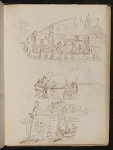 Een tuin- en wasscène met vrouwelijke figuren met inscriptie "Genoese Bron", en een studie van vier figuren met inscriptie "Manenti