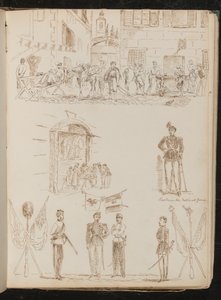 Een stadstafereel met drinkende soldaten, studie van een marktkraam, studie van een Piëmontese nationale garde, studie van vier soldaten en gekruiste vlaggen door Lady Butler