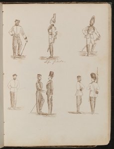 Acht studies van staande soldaten in uniform, met opschrift 