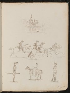 Vijf studies van een kerk, soldaten in vol ornaat te paard, een soldaat op wacht en een studie van een vrouw die zijwaarts rijdt door Lady Butler
