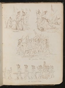 Vier bataljonsscènes met opschrift "Wimbledon", "Down South", "The Yankee Volunteers", "The British Ditto" met verschillende soldatentypes door Lady Butler