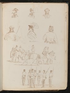 Vier studies van mannelijke bustes, twee van een vrouw met parasol, studie van een groep mannen en een vrouw te paard, studie van een groep soldaten door Lady Butler