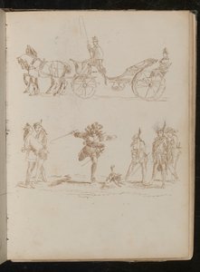 Officier in vol ornaat met hoge hoed en epauletten in een door paarden getrokken koets, studie van zes Mediterrane soldaten en een hond door Lady Butler