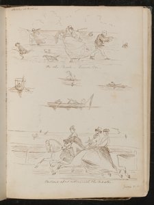 "Op de Parade, een winderige dag", boten met dagjesmensen, ruiters te paard met opschrift "rijden met de meester" door Lady Butler